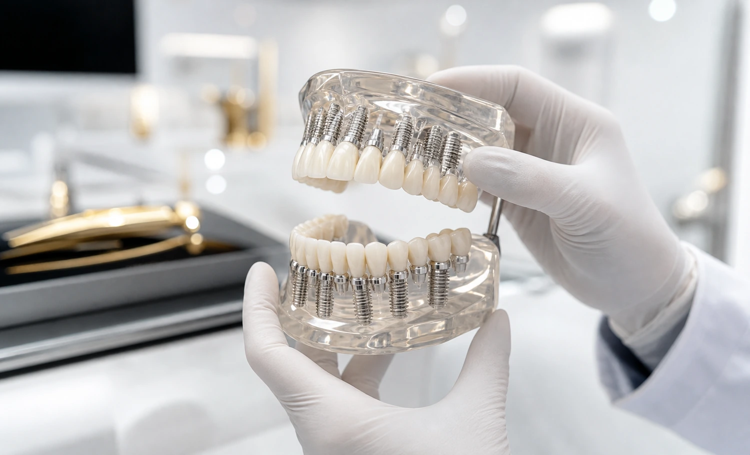 Dental implant model used to explain missing tooth replacement